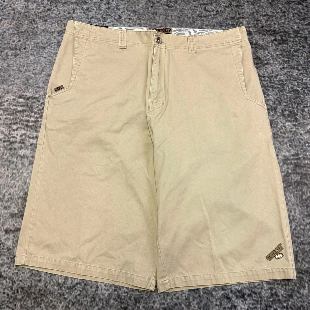 Vintage Y2K Split Shorts Flat Front Chino Mens 36 Tan Baggy Skater BMX Grunge